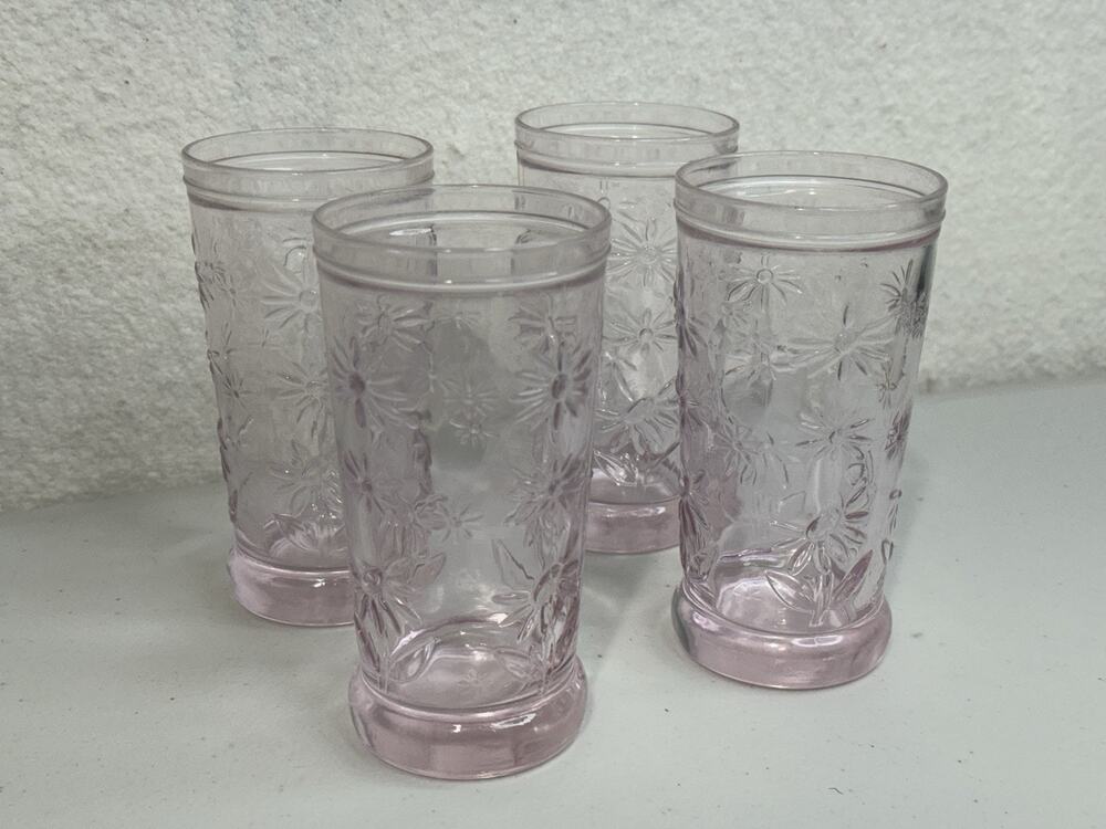 Pink Blown Glass Embossed Daisy Floral Tumbler Drinking Beverage Glass Set Of 4